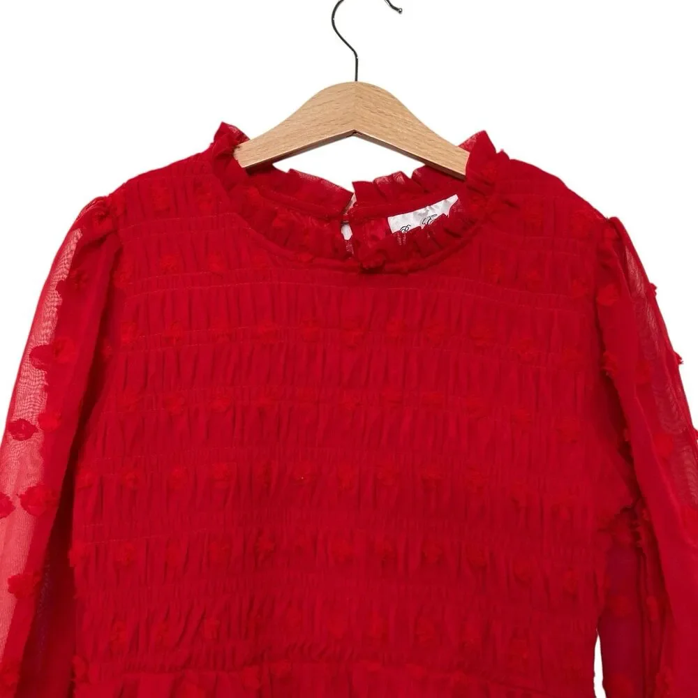Rare Editions Red Girls' 12 Clip Dot Chiffon Smocked Dress Ruffled Neckline NWT